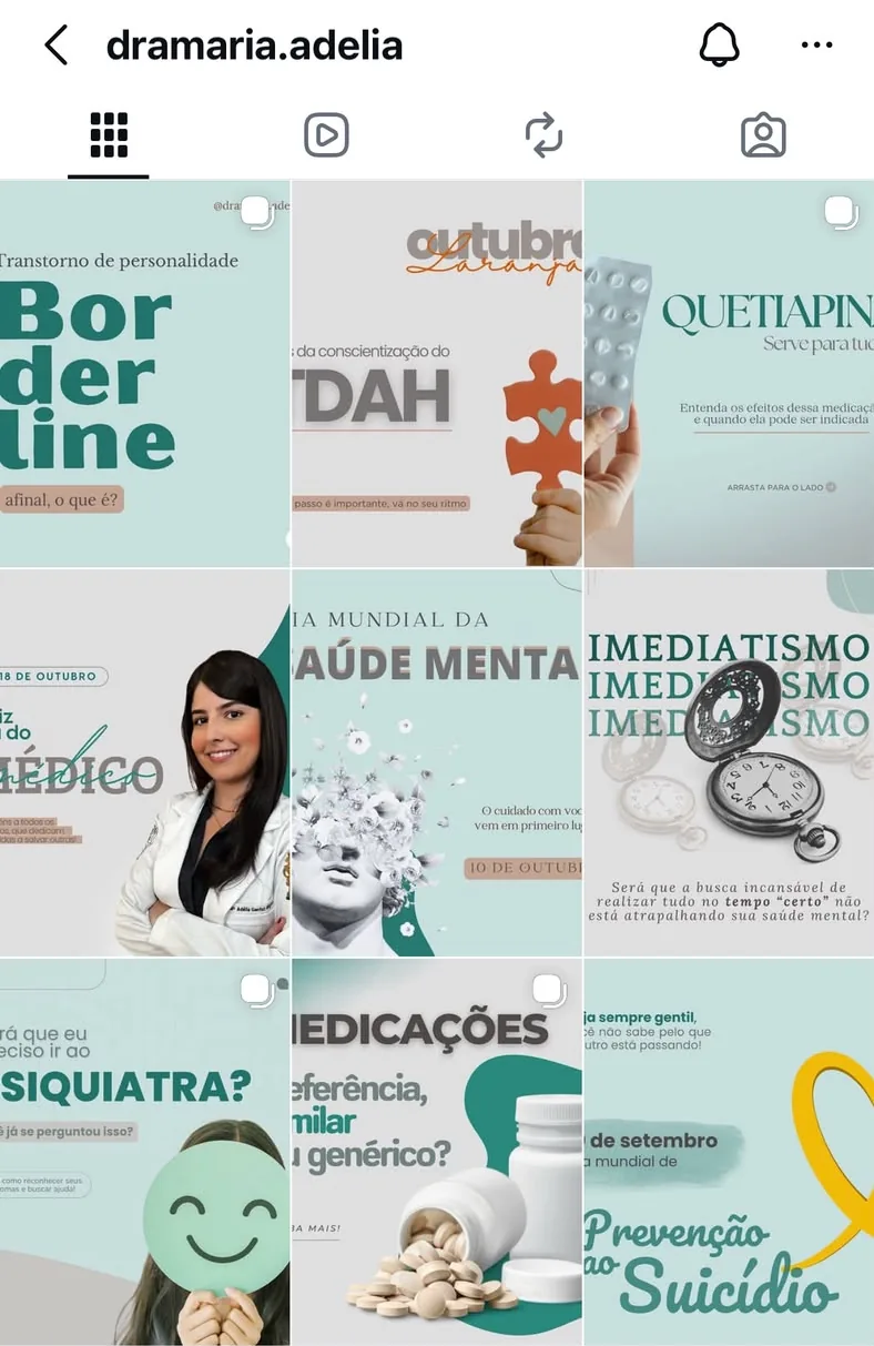 Feed do Instagram da Dra. Maria Adélia antes, com posts genéricos e sem identidade visual