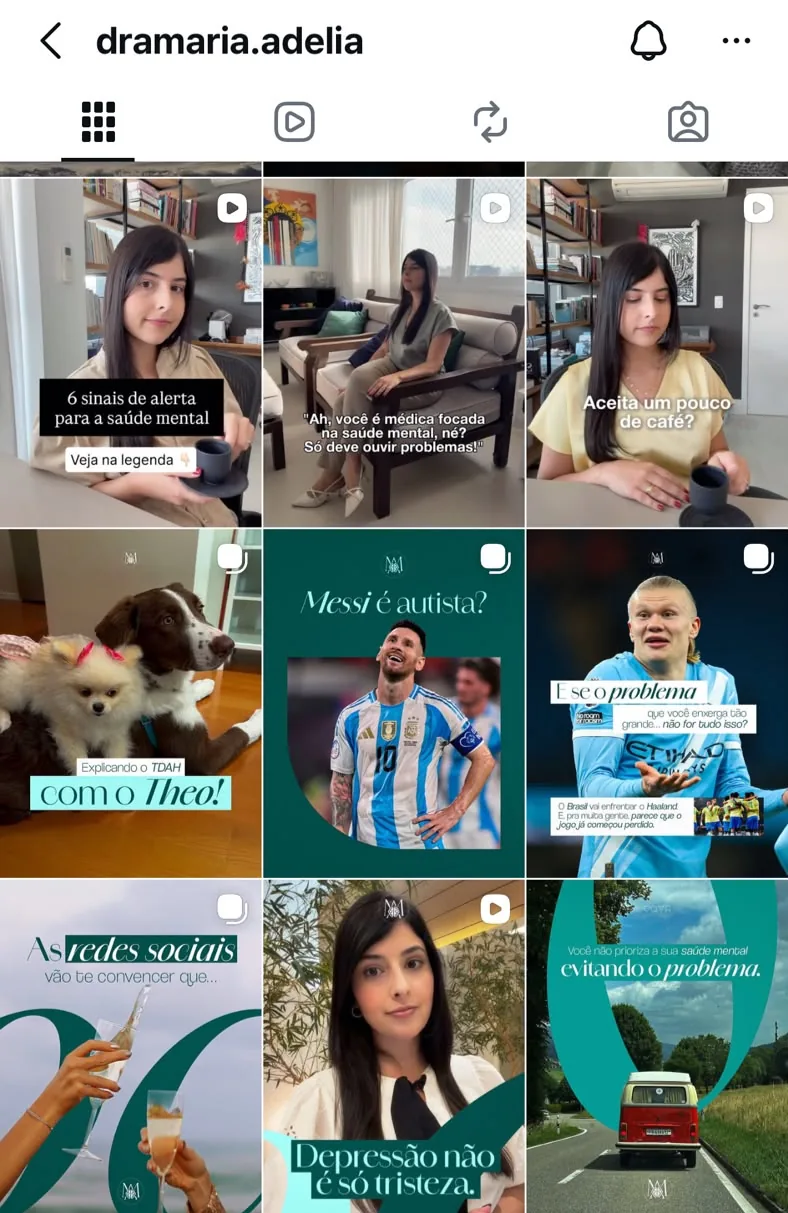Feed do Instagram da Dra. Maria Adélia depois do trabalho da MovMed, com identidade visual própria e conteúdo em vídeo